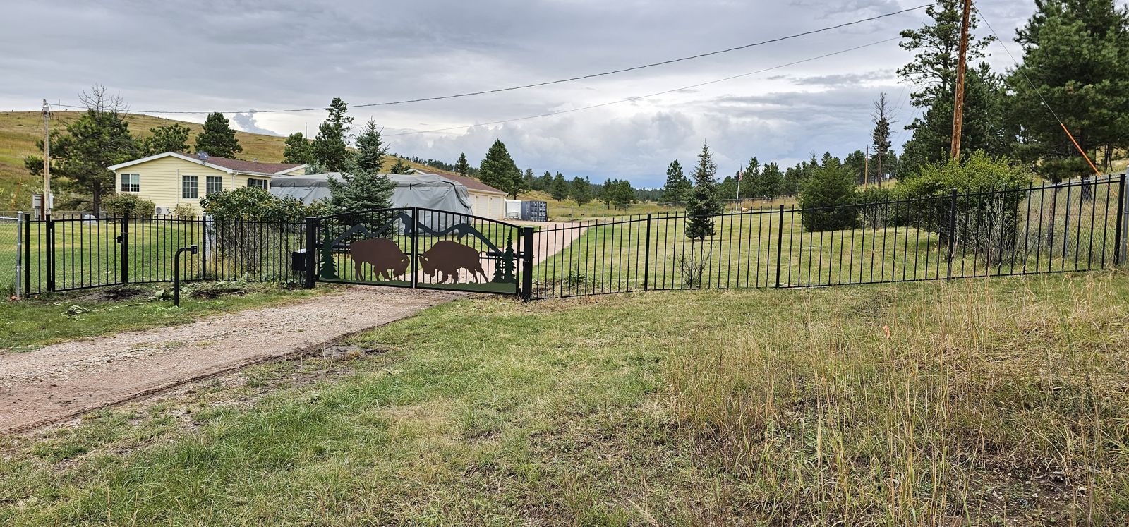 Black ornamental steel fence along a residential yard