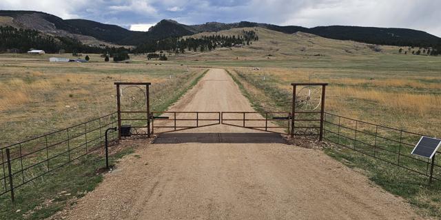 Wagon-wheel ranch gate with cattle guard and solar-powered opener